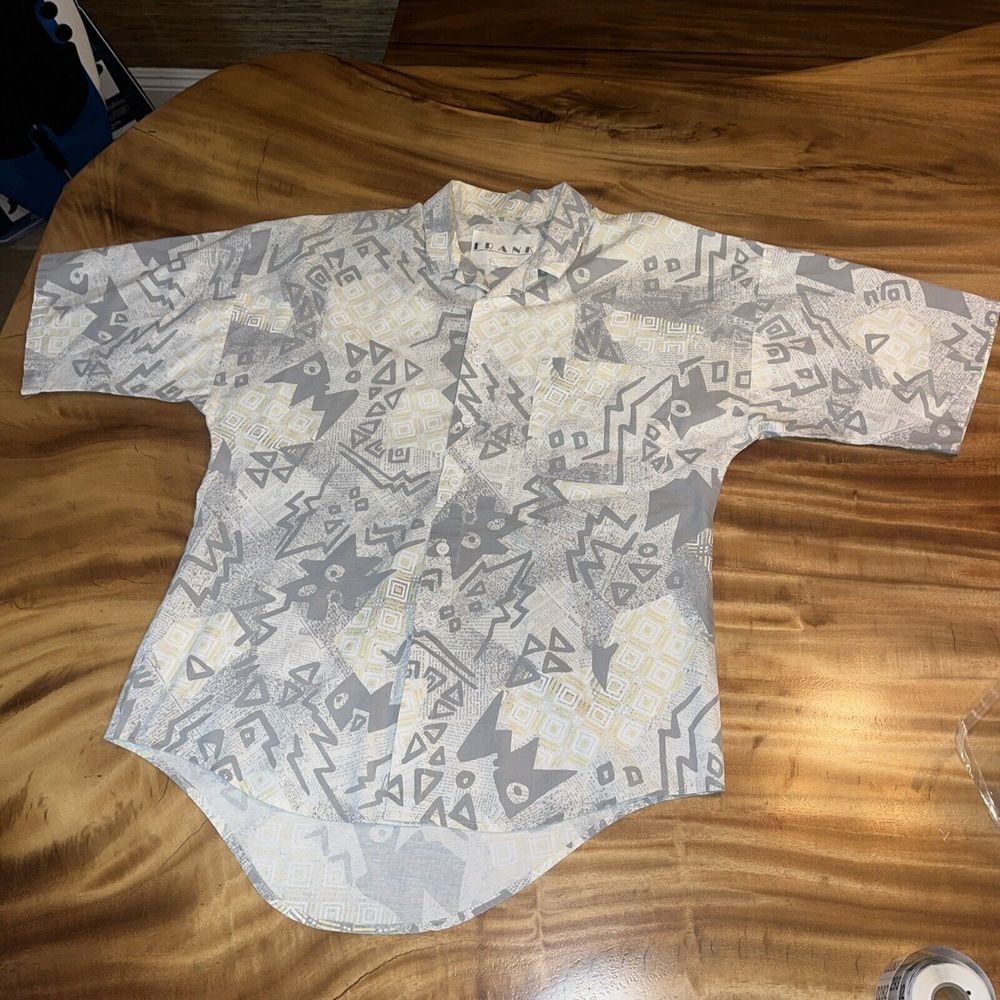 FRANK Hawaiian Shirt Medium Cotton USA White Gray Print Vintage Abstract Retro